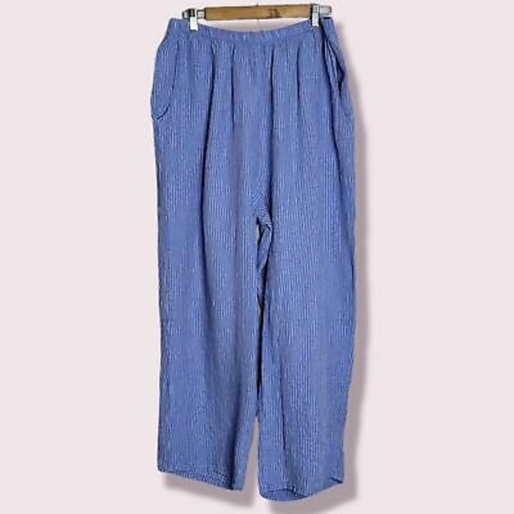 Flax linen wide leg pants stripe lagenlook blue size L